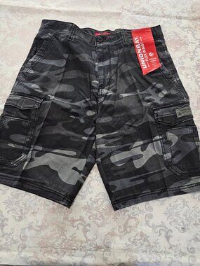 NEW 36 Unionbay Men's Cargo Shorts Camo Black Gray Utility Stretch Flex Waist